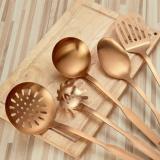 Berglander Stainless Steel Kitchen Utensil 5 Piece with Titanium Rose Gold Plated, Slotted Tuner, Ladle, Skimmer, Serving Spoon, Pasta Server. Copper Kitchen Tools Set (Matte Copper)