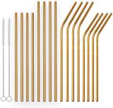 Reusable Golden  Drinking Straws Straight and Bent Metal Straws with Brushes Set of 18