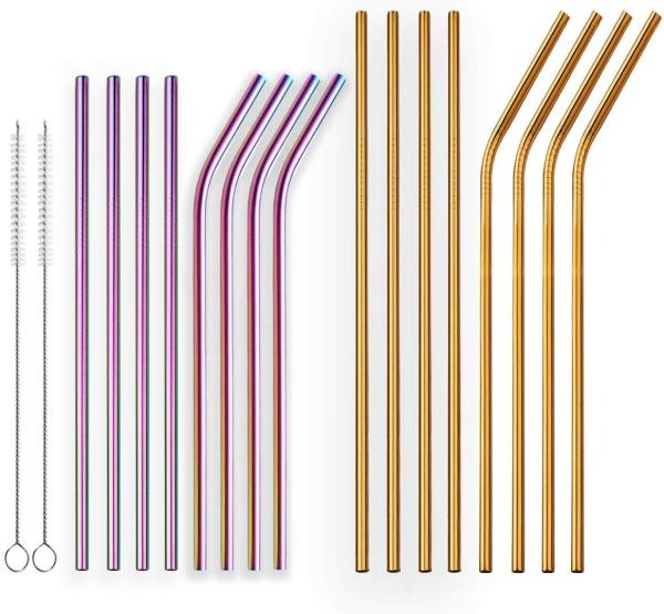 Reusable Golden Drinking Straw and Colorful Drinking Straws Straight and Bent Metal Straws with Brushes Set of 18