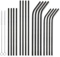 Berglander Reusable Titanium Plated Stainless Steel Drinking Black Straws Straight and Bent Metal Straws with Brushes for Milkshakes, Frozen Drinks, Smoothies, Bubble Tea, Set of 18