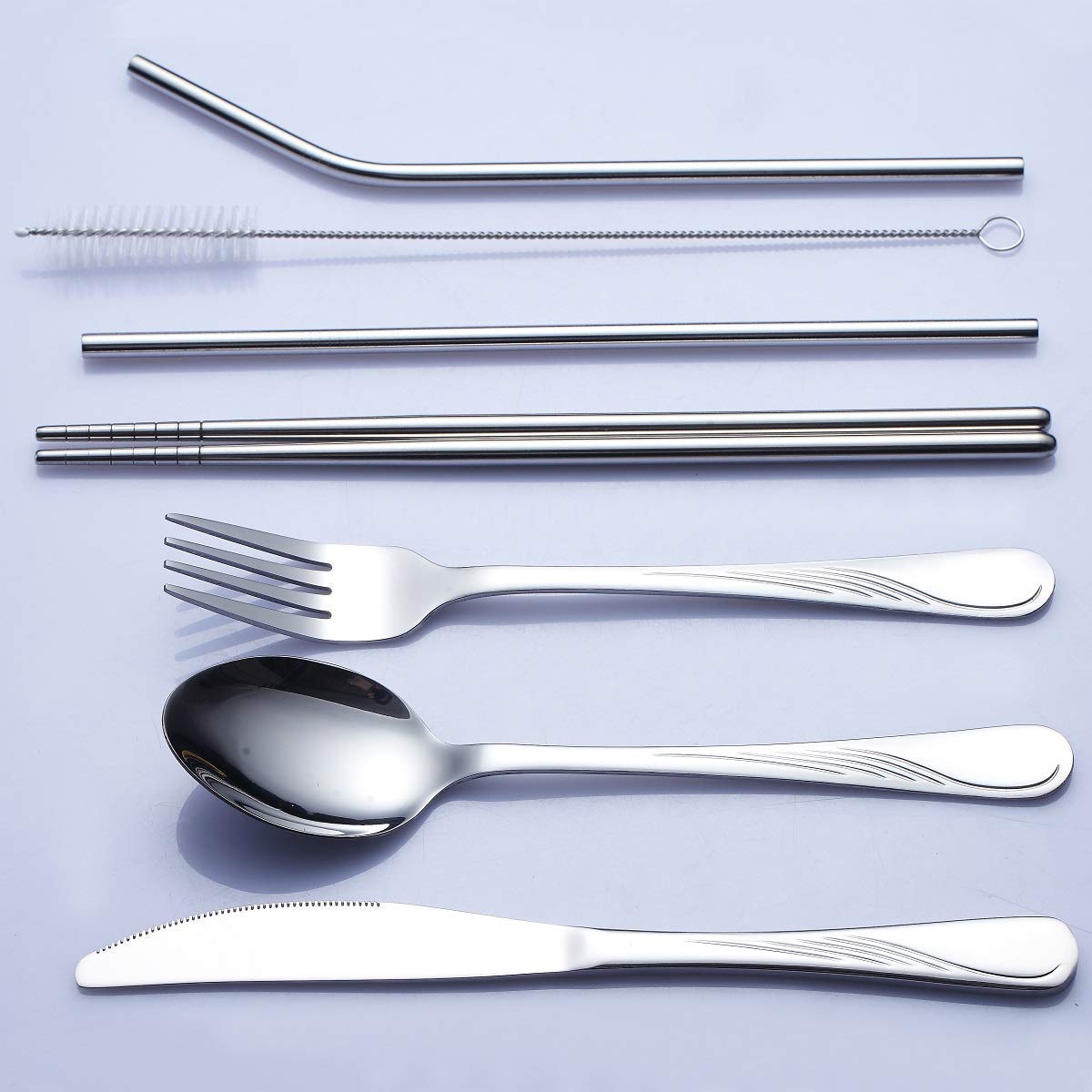 US$ 9.59 - Berglander Portable Utensils,Travel Camping Flatware  Set,Stainless Steel Silverware Set,Include  Knive/Fork/Spoon/Chopsticks/Straws/Brush/Portable Case(Silver-8 Piece) … -  m.