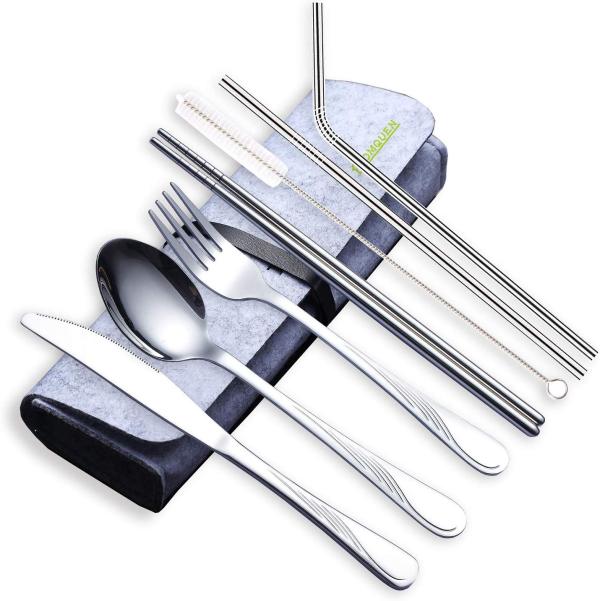 Berglander Portable Utensils,Travel Camping Flatware Set,Stainless Steel Silverware Set,Include Knive/Fork/Spoon/Chopsticks/Straws/Brush/Portable Case(Silver-8 Piece) …