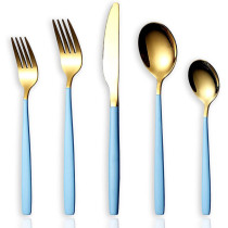 20-Piece Silverware Flatware Cutlery Set(Golden Spoon and Blue Handle)