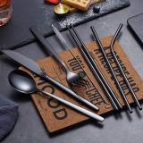 Berglander Portable Utensils,Travel Camping Flatware Set,Stainless Steel Silverware Set,Include Knive/Fork/Spoon/Chopsticks/Straws/Brush/Portable Case(Black-8 Piece)