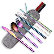 Berglander Portable Utensils,Travel Camping Flatware Set,Stainless Steel Silverware Set,Include Knive/Fork/Spoon/Chopsticks/Straws/Brush/Portable Case(Colorful-8 Piece)
