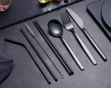 Berglander Portable Utensils,Travel Camping Flatware Set,Stainless Steel Silverware Set,Include Knive/Fork/Spoon/Chopsticks/Straws/Brush/Portable Case(Black-8 Piece)