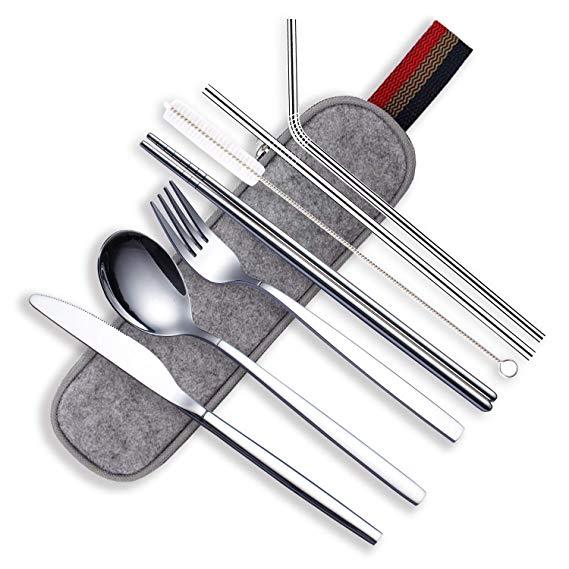 Berglander Portable Utensils,Travel Camping Flatware Set,Stainless Steel Silverware Set,Include Knive/Fork/Spoon/Chopsticks/Straws/Brush/Portable Case(Silver-8 Piece)