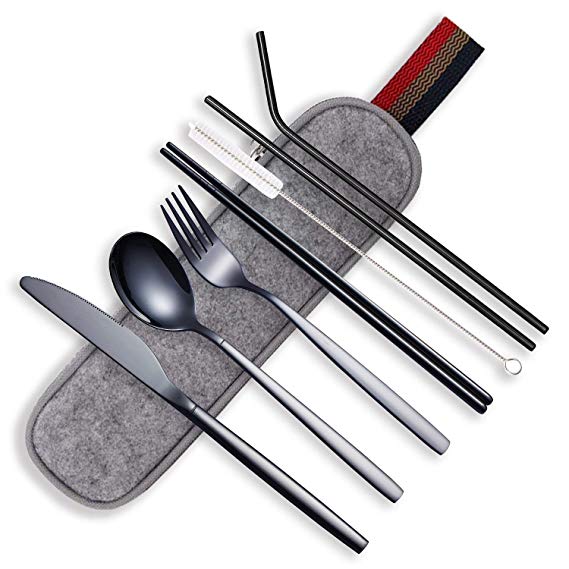 Black Portable Flatware Cutlery Set with Case,Stainless steel Travel Utensil set 8 Piece Travel Utensils Silverware with Case Camping Cutlery set,Chopsticks and Straw for Camping