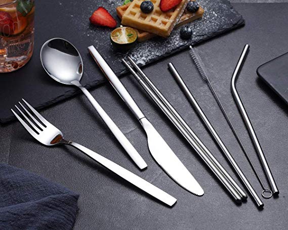 HOMQUEN Portable Utensils,Travel Camping Flatware Set,Stainless Steel Silverware Set,Include Knive/Fork/Spoon/Chopsticks/Straws/Brush/Portable Case Colorful-8 Piece 
