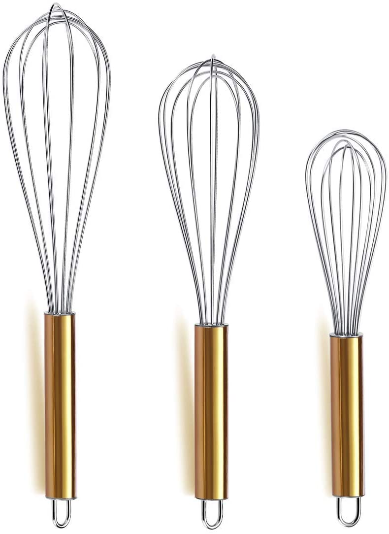 US 23.99 3 Pack Gold Handle Whisks Stainless Steel 8 +10 +12 Inches