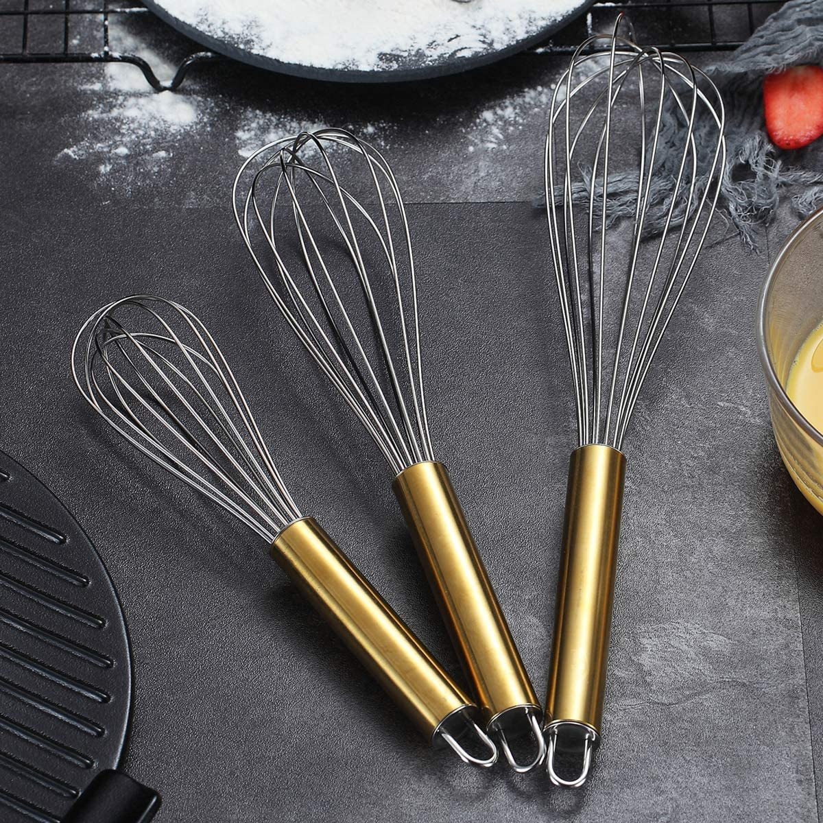 US 23.99 3 Pack Gold Handle Whisks Stainless Steel 8 +10 +12 Inches