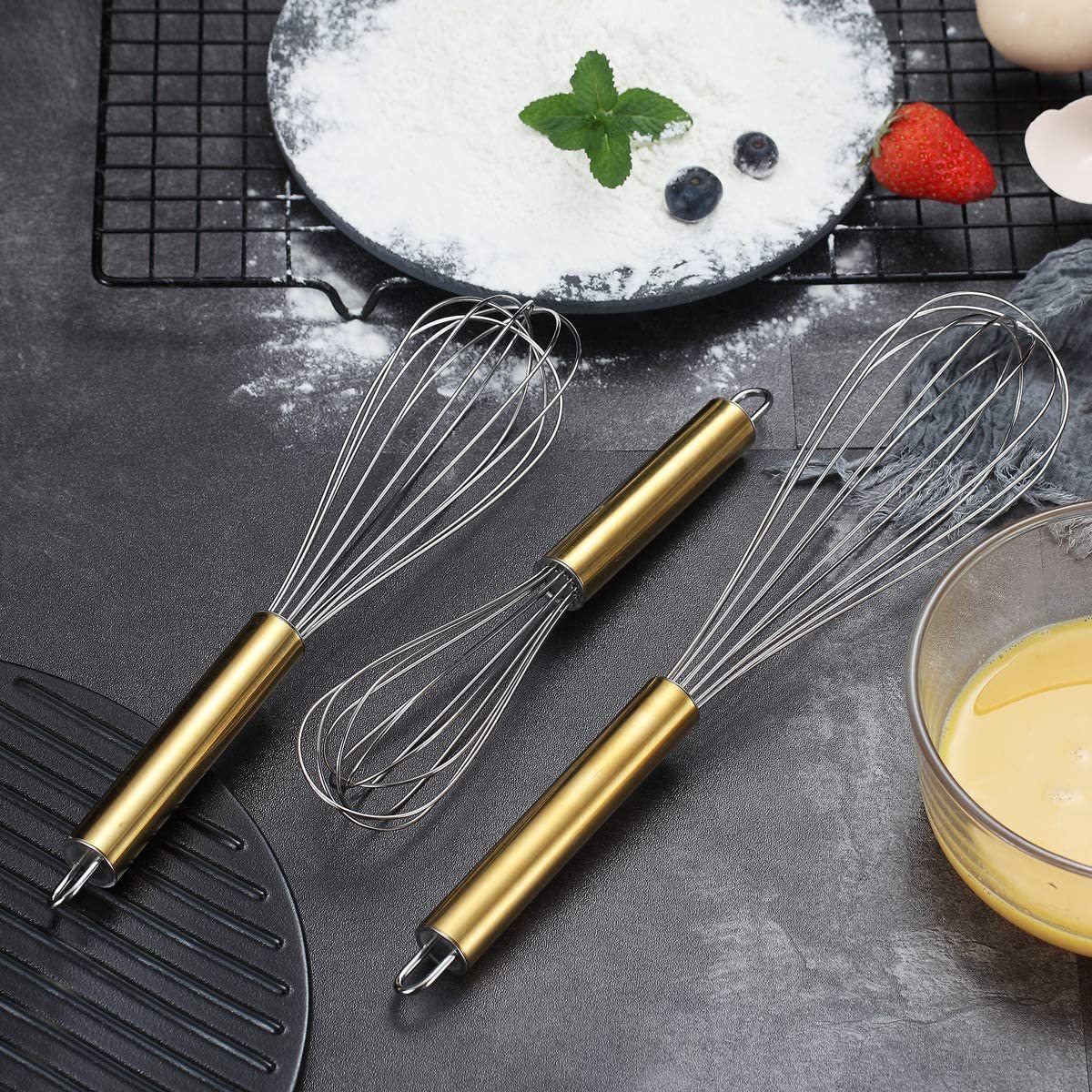 US 23.99 3 Pack Gold Handle Whisks Stainless Steel 8 +10 +12 Inches , Wire Whisk Set Kitchen