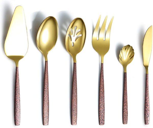 6 Piece Flatware Set with Moon Surface Handle,Shiny Gold Serving Spoons Utensils