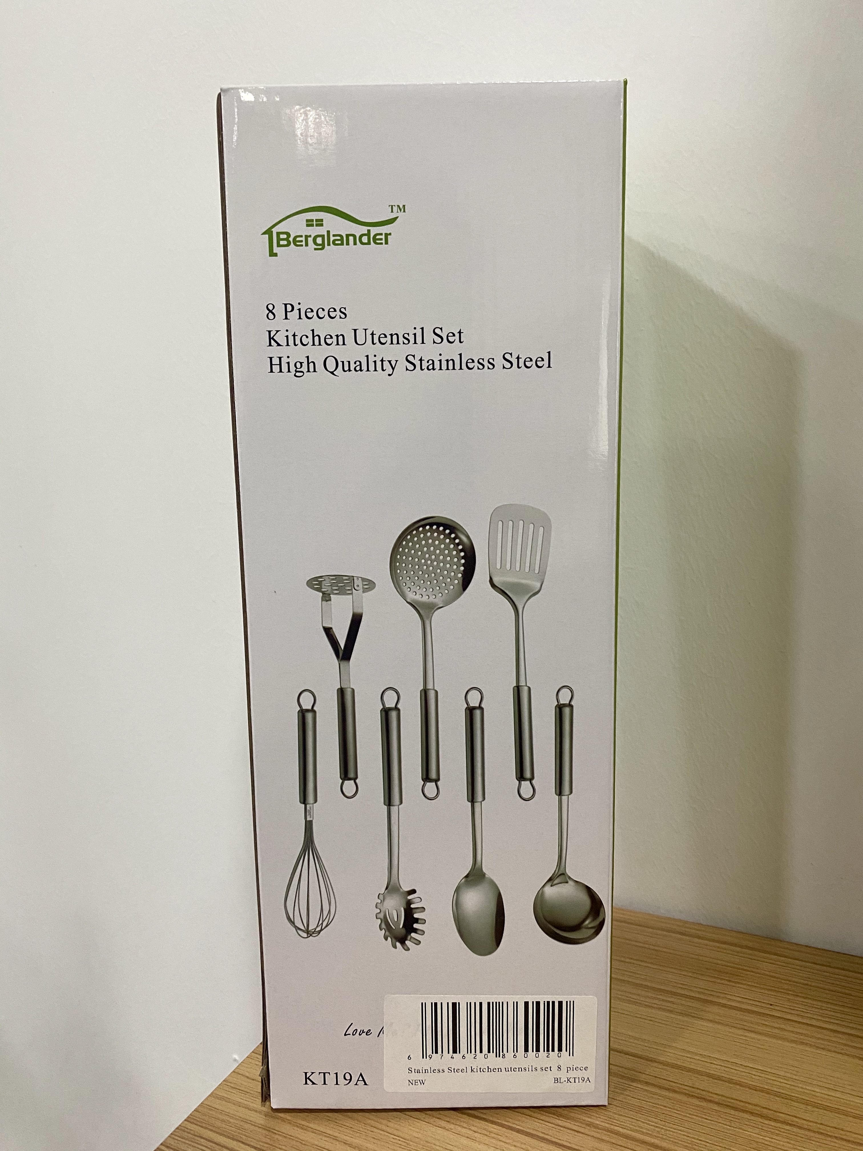 Berglander Cooking Utensil Set 8 Piece, Stainless Steel Kitchen Tool Set with Stand,Cooking Utensils, Slotted Tuner, Ladle, Skim