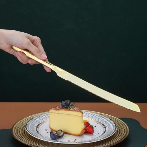 US 19.99 Gold Wedding Cake Knife and Server Set Titanium Gold