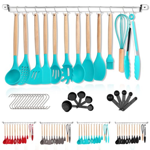 Kitchen Utensils Set of 6, E-far Silicone Cooking Utensils with Wooden  Handle, Non-stick Cookware Friendly & Heat Resistant, Includes