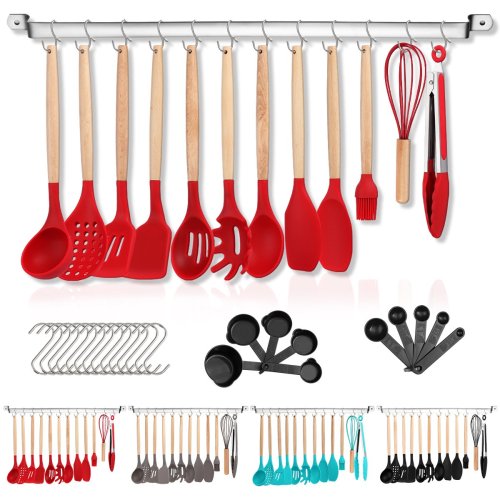  Silicone Cooking Utensils Set-BPA Free Kitchen Utensil Set  Stainless Steel Handle Non-Stick Cookware with Potato Masher, Stirrer