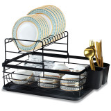 2 Tier Stainless Steel Black Dish Rack and Drainer Set with Removable Cutlery Rack