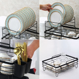 2 Tier Stainless Steel Black Dish Rack and Drainer Set with Removable Cutlery Rack
