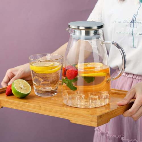 Heat Resistant Glass Water Pitcher with Auto Open Stainless Steel Lid Clear  Water Carafe for Hot and Cold Juice Beverage Tea