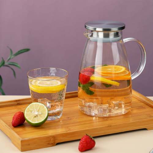 Heat Resistant Glass Water Pitcher with Auto Open Stainless Steel Lid Clear Water  Carafe for Hot and Cold Juice Beverage Tea