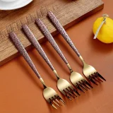 4 Pieces Moon Surface Handle Shiny Gold Head dinner forks service for 4