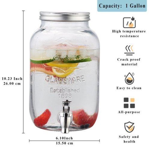 1 Gallon Mason Jar Glass Drink Dispenser with Stainless Steel Spigot