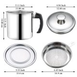 Bacon Grease Container with Fine Strainer and lid, 1.4-litre Capacity Stainless Steel Grease Container