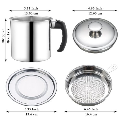 US$ 16.98 - Bacon Grease Container with Fine Strainer and lid, 1.4-litre  Capacity Stainless Steel Grease Container - m.