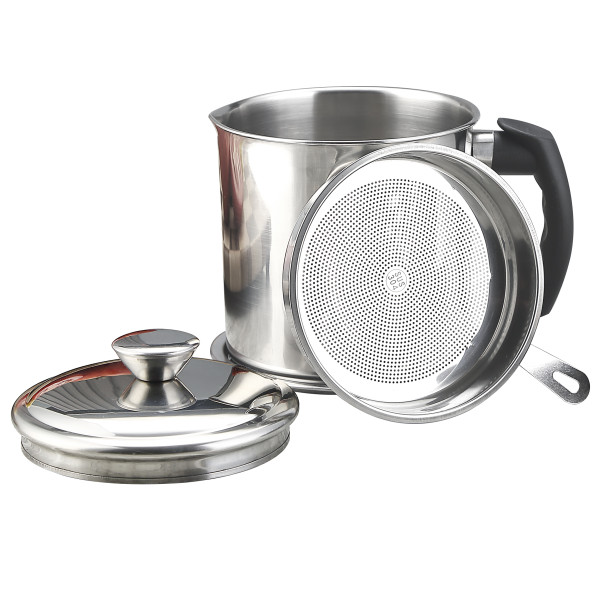 ReaNea Silver Grease Container 48 oz, Stainless Steel Oil Container with Fine Strainer and lid