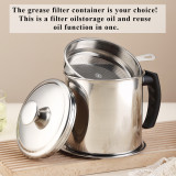 ReaNea Silver Grease Container 48 oz, Stainless Steel Oil Container with Fine Strainer and lid