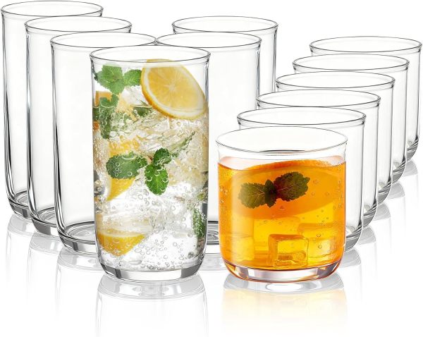 LooCook Drinking Glasses Set of 12, PET Clear Plastic Highball Glasses 14oz & Whisky Cocktail Glasses Set 11.5oz, Heavy Duty Unbreakable Water Glasses Cup Tumbler Glassware for Beer, Juice, Milk