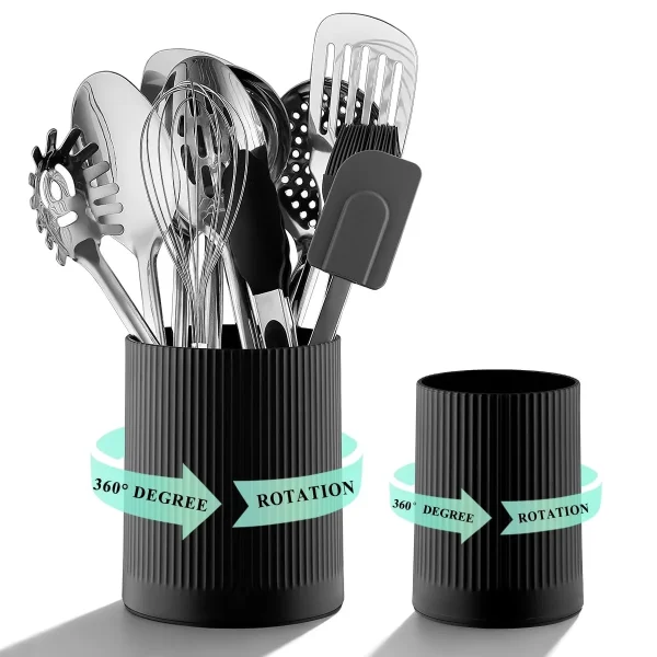 LooCook Cooking Utensils Holder 2pcs, 360° Rotating Extra Large Plastic Kitchen Utensil Holder for Countertop, The Small Utensil Crock for Cutlery Silverware, Tooth Brush, Desk Pencil Pen