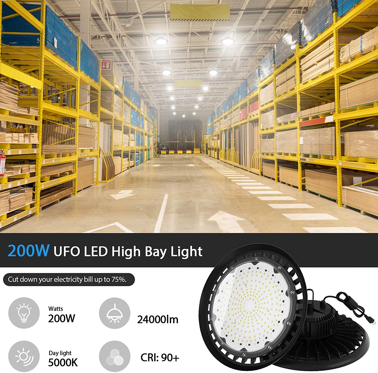 800W HPS/HID Equiv. 200W LED Dimmable UFO High Bay Light Warehouse Shop Light 