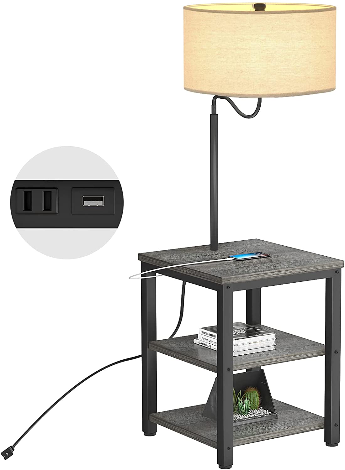 Antlux Floor Lamp With Side Table Usb, White End Table With Built In Lamp And Usb Port Black
