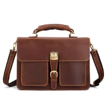 N80 MAHEURetro large capacity leather men's briefcase top layer leather laptop bag crazy horse skin 15 inch computer Messenger bag