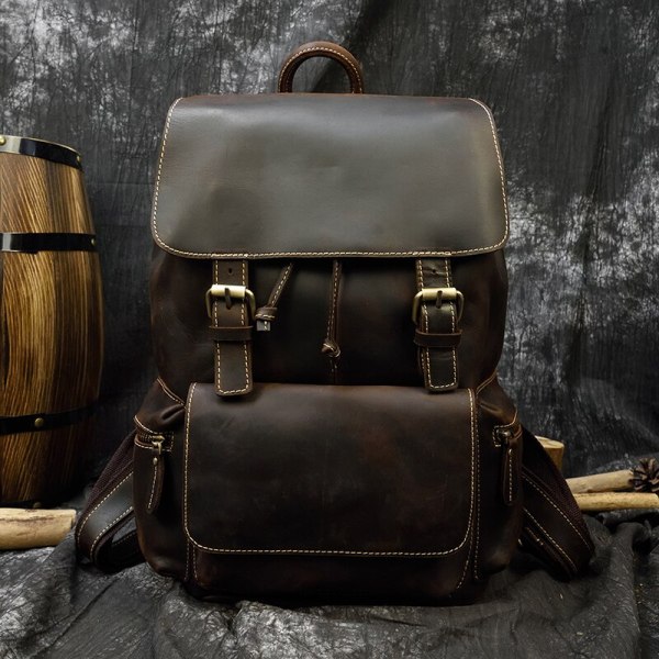 N66   Retro Crazy horse leather shoulder bag men male leather backpack original handmade cowhide backpack Unique School Bagpack