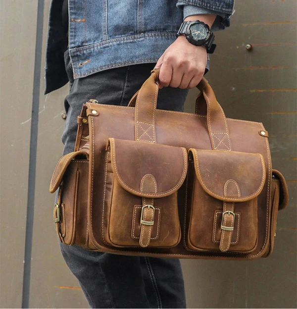 N72   Grade Quality Laptop Briefcase Crazy Horse Genuine Leather Laptop Bags Notebook PC Shoulder Bag For Business Man Vintage