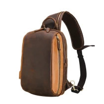 N42 MAHEU vintage leather man chest bag usb charging insulation crossbody bag outdoor sports backpack with usb cable large size