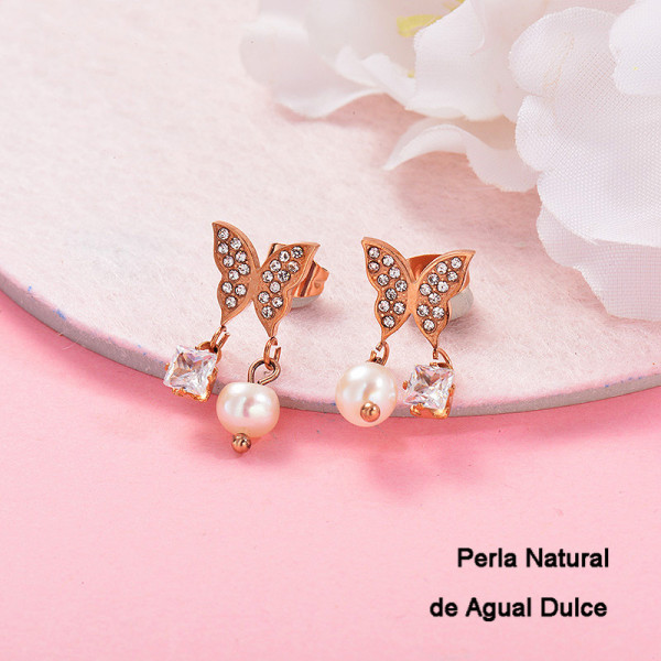 Aretes con perla Natural en acero inoxidable -SSEGG143-9298