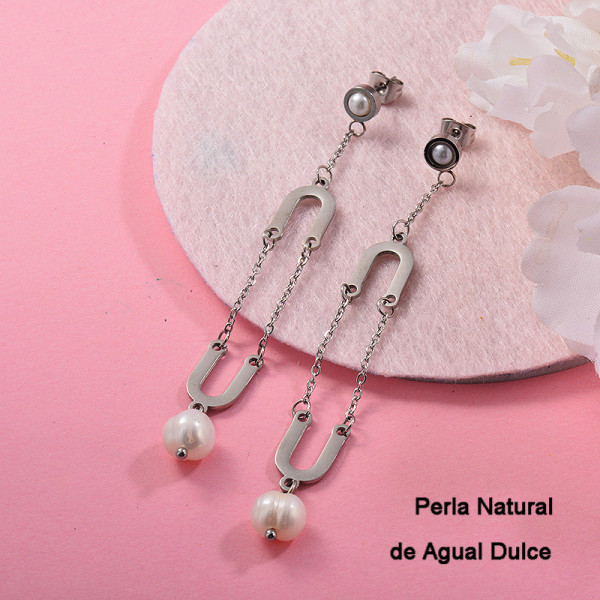 Aretes con perla Natural en acero inoxidable -SSEGG143-9305