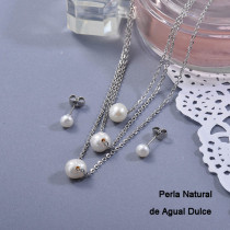 Conuntos de Perla Agua Dulce en Acero Inoxidable para Mujer -SSCSG142-27411