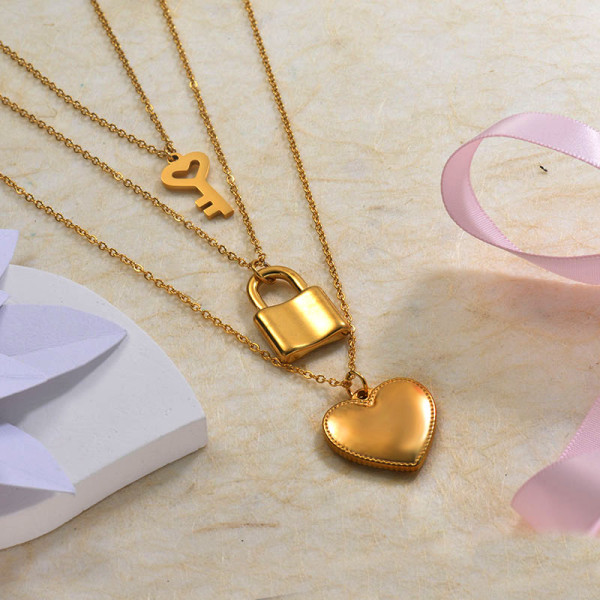 18k Gold Plated Key Lock Heart Three Layered Necklace