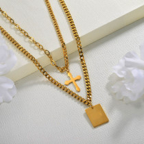 18K Gold Plated Double Layered Cross Necklace for Ladies