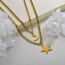 18K Gold Plated Double Layered Moon and Star Necklace for Ladies
