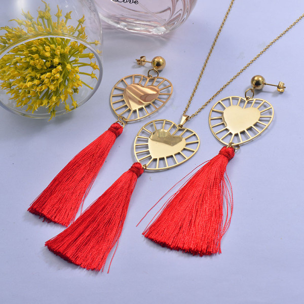 Wholesale Stainless Steel Heart Tassel Necklace Sets with Earirng Jewelry Sets