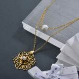 Stainless Steel Flower Pearl Double Layered Necklace for Ladies