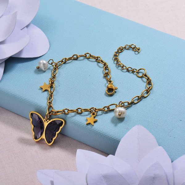 Crystal Pearl Butterfly Charm Bracelet