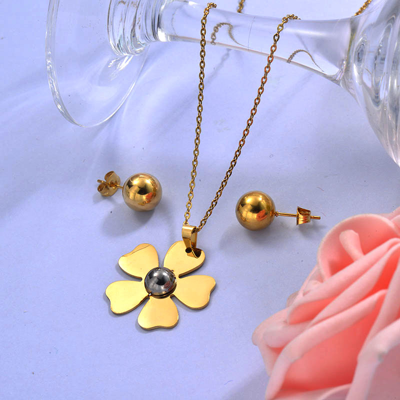 Wholesale Stainless Steel Flower Necklace Sets with Earirng Jewelry Sets