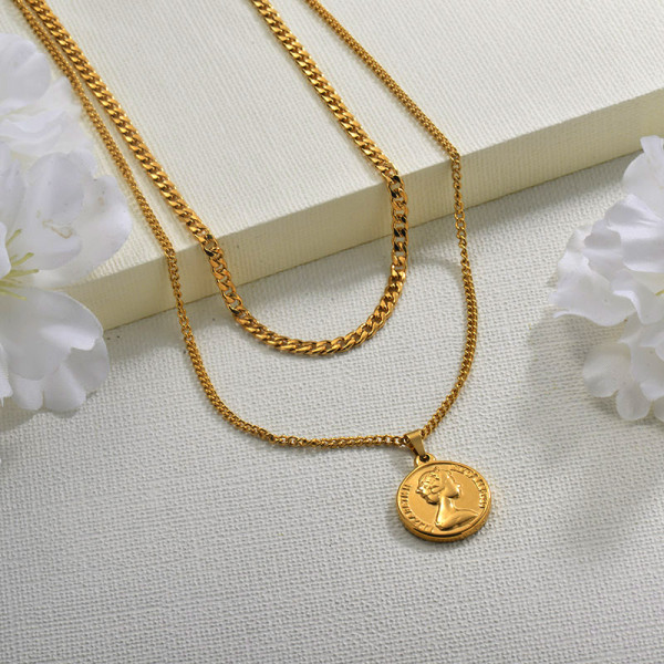 18K Gold Plated Double Layered Coin Necklace for Ladies